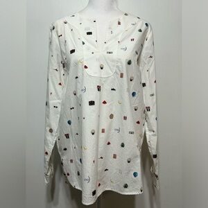 Vilagallo Travel Vacation Print Long Sleeve Popover Blouse New Without Tags